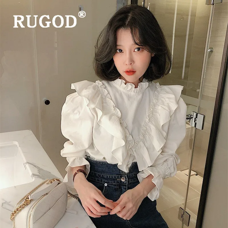 RUGOD Spring Ruffle Blouse Women Blouses Long Sleeve Elegant Top Korean Fashion Clothing Women's Shirts Bell White | Женская одежда