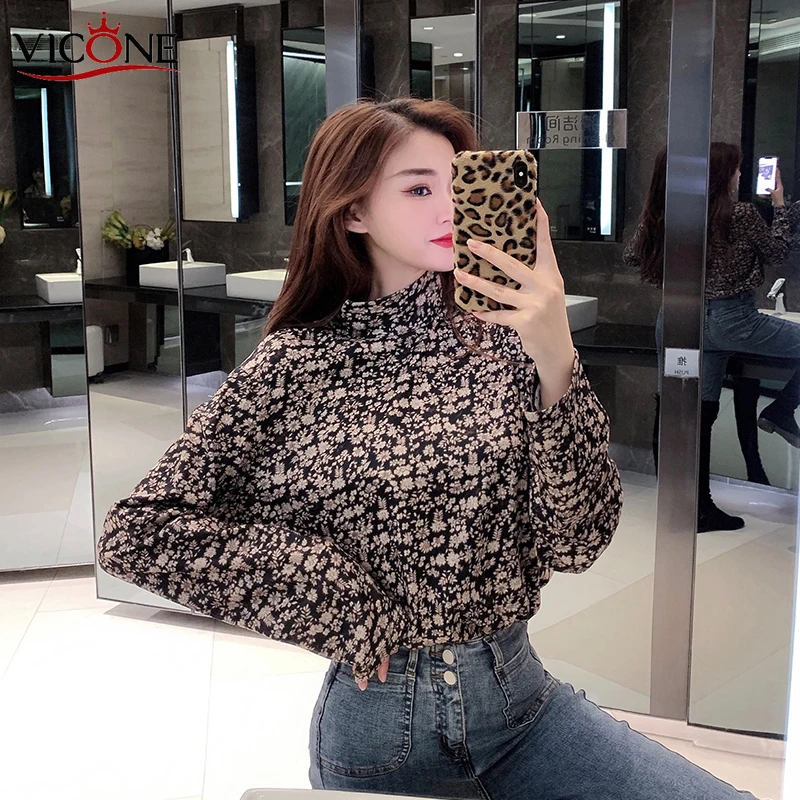 VICONE размера плюс водолазка Элегантные новые рубашки с принтом женские весенние