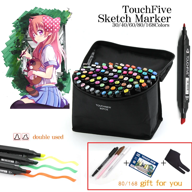 

TouchFive Art Marker Set 30/40/80/168 Colors Alcohol Base Markers manga Sketch Drawing Marker Pen For Dual Headed Tip Pen
