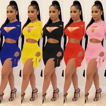 Solid Women 2 Piece Set Cutout Crop Top + Irregular Bandage Mini Skirt Sexy Club Party Outfits 2021 Summer Activewear Tracksuits 1