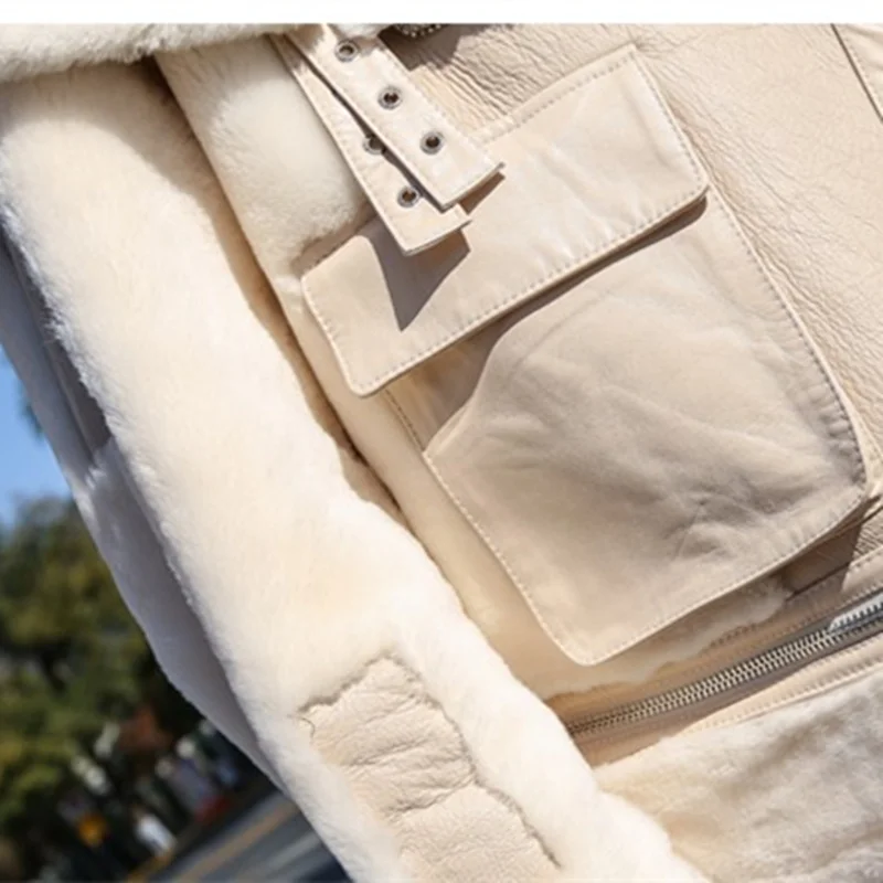 

New Women Lamb fur 2021 Bomber Real leather jacket sheepskin Double face Shearling Coat Oversized XL Genuine Leather jacket