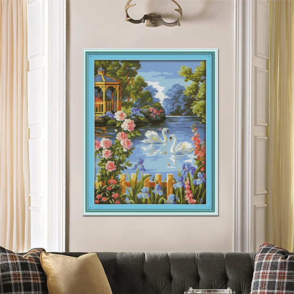 Картина с вышивкой в виде лебедя и озера|joy sunday|cross stiching patternsstich cross |