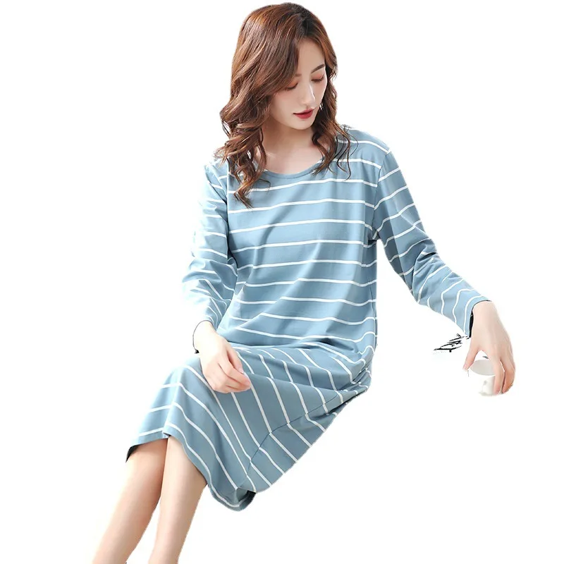2021 New Spring and Autumn Nightdress Women's Stripe Large Size Long Sleeve Long Pregnant Women's Cotton Nightdress Home Wear