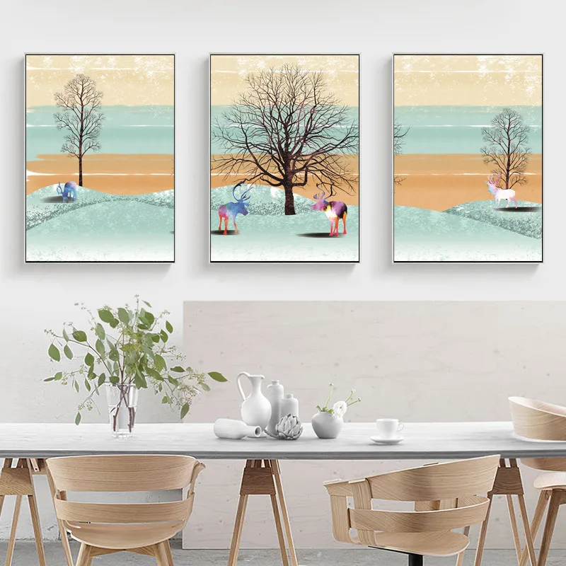 

Multicolor Painting Plant Tree and Animal Elk Home Decoration Poster Modern Home Decor Waterproof Ink Hd Printing Wall Pictures