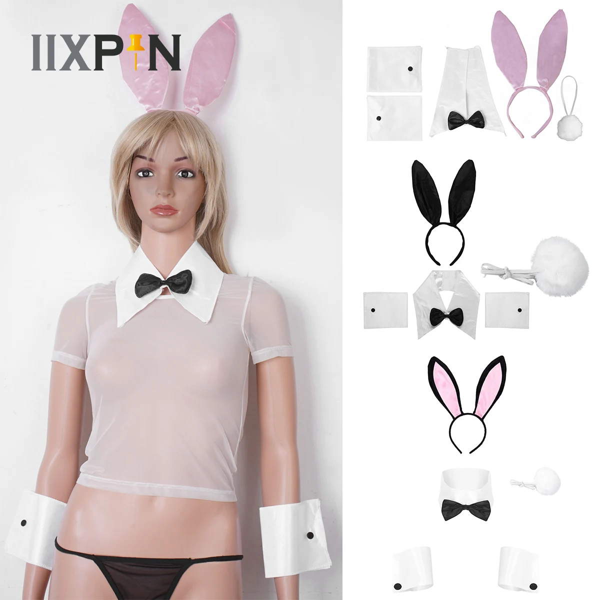 

Women Bunny Cosplay Costume Outfit Rabbit Ears Headband Collar Bow Tie Cuffs Tail Set for Halloween Bachelorette Parties Props