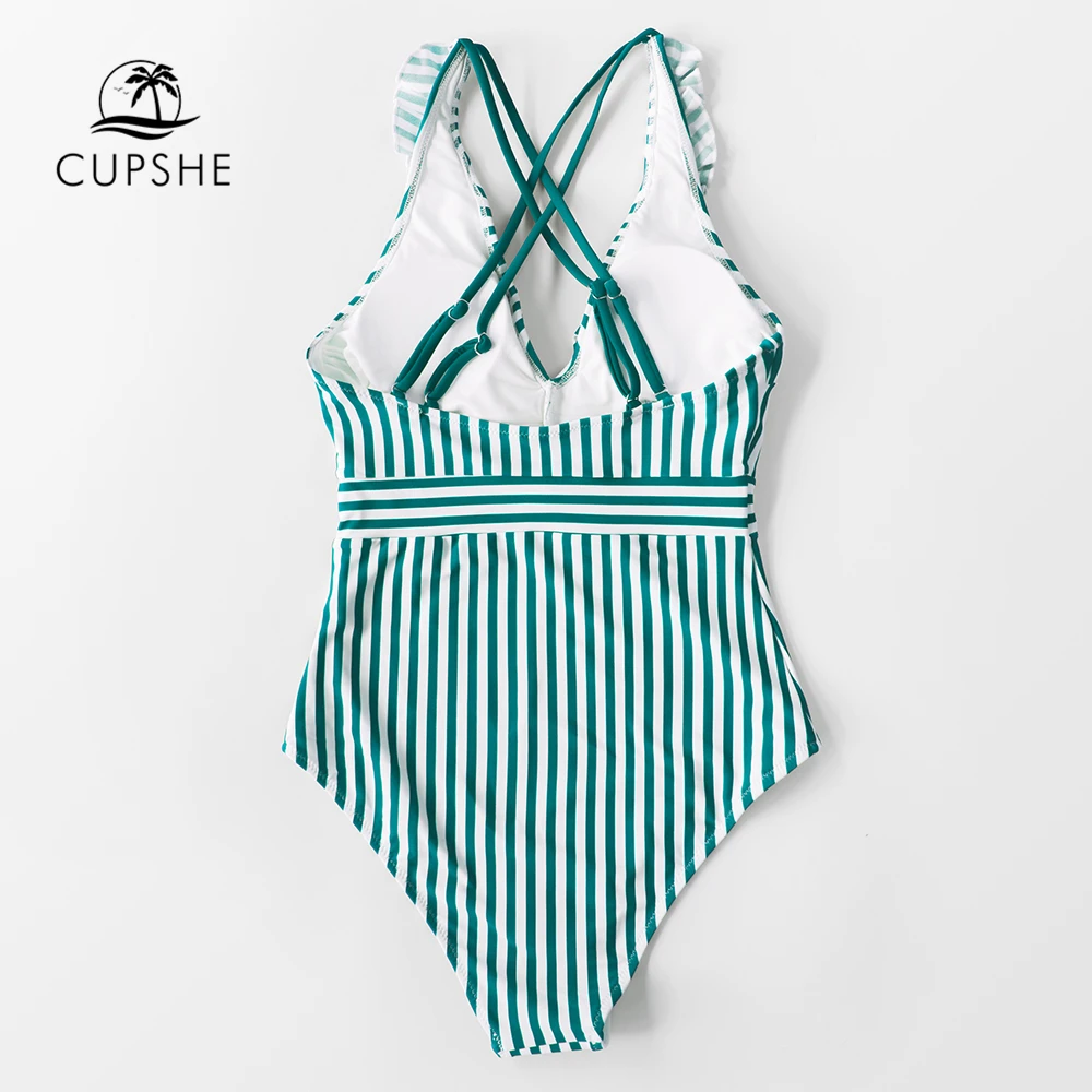 Слитный купальник CUPSHE в зеленую и белую полоску с оборками пикантный монокини