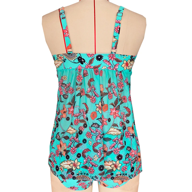 

Polyester Color Block Tankini with Panty Print Swimsuits for Women Swimwear Tummy Control Two Piece Bathing Suits