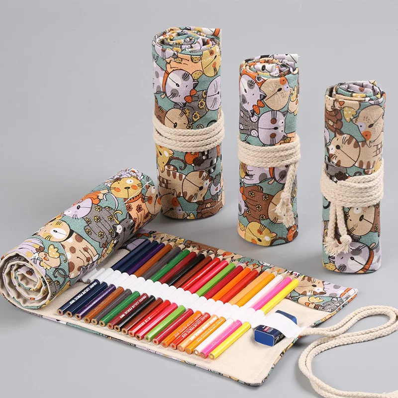 

Kawaii Cat Pen Pencil Bag Wrap 36/48/72 Slot Canvas Roll Storage Pouch for Brush Marker Pens Stationery School Travel A6756