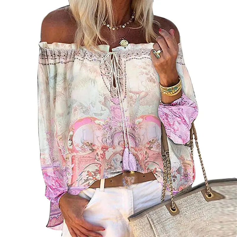 Женская Элегантная блузка с открытыми плечами цветочным принтом на шнуровке