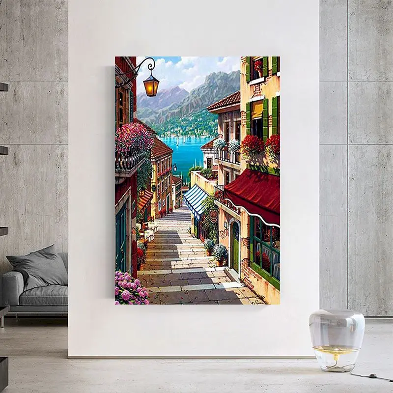

CHENISTORY Paint By Number House Street Landscape Drawing On Canvas Diy Pictures By Numbers Kits Hand Painted Art Home Decor