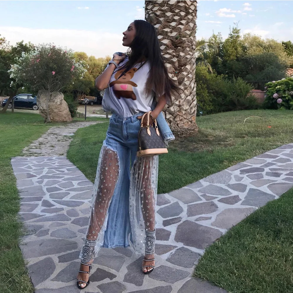 Сексуальные широкие брюки женские джинсы с высокой талией Прозрачные принтом