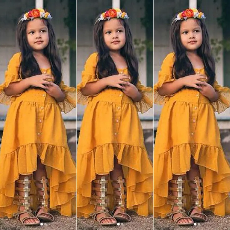 2021 Brand New Princess Fashion Toddler Baby Girls Boho Party Dress Long Flare Sleeve Ruffles Asymmetrical Yellow 1-5Y | Детская одежда