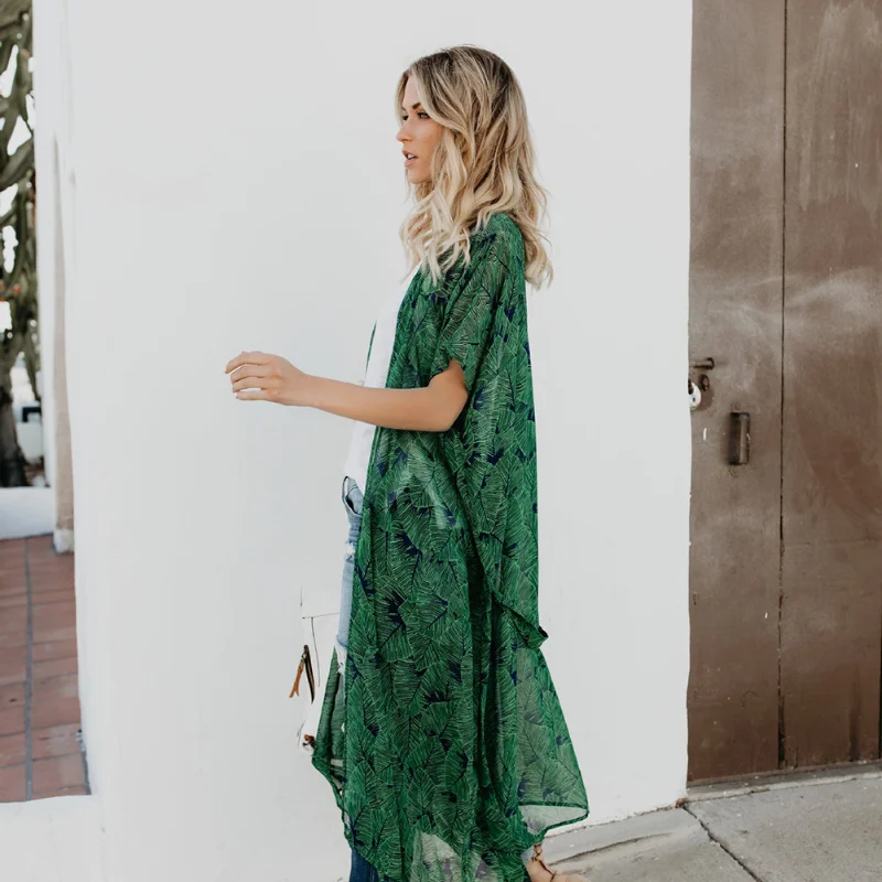 

Women Chiffon Fashion Long Sleeves Beach Cardigan Dress Ladies Loose Cover up Leaf Pattern Tie Wrap Beachwear Long Dress