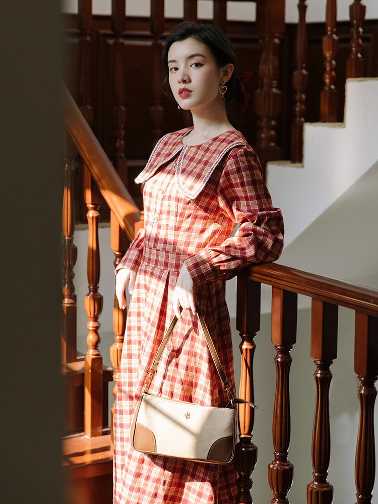 

Original new retro design grid high-waisted dresses