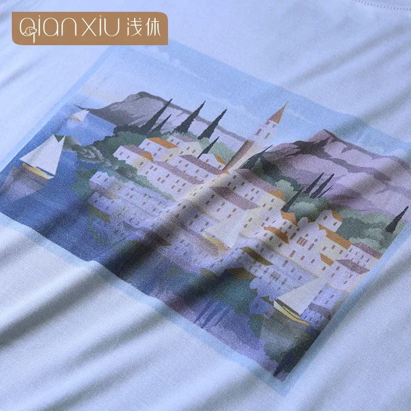 

Ladies nightdress Summer round neck bamboo fiber comfortable short-sleeved nightdress Printed can be worn outside Ladies mid-ski