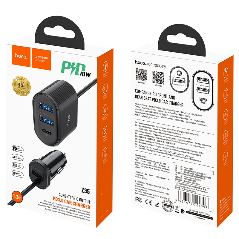 Hoco usb быстрое автомобильное зарядное устройство smart IC 3usb type-C PD QC 3 0 5V 5.4A USB адаптер