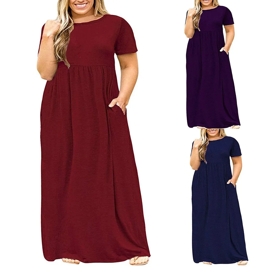 Plus Size Women Short Sleeve Dress Summer Solid Color O-Neck Long With Pockets Vestidos Female | Женская одежда
