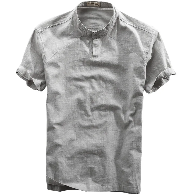 Men Summer Fashion Japan Style Solid Color Stand Collar Short Sleeve High Quality Cotton Linen Tshirt Male Casual Simple T-shirt | Мужская
