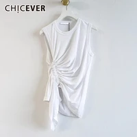chicever white casual ruched t shirt for women o neck sleeveless slim asymmetrical t shirts female 2021 clothing fashion new