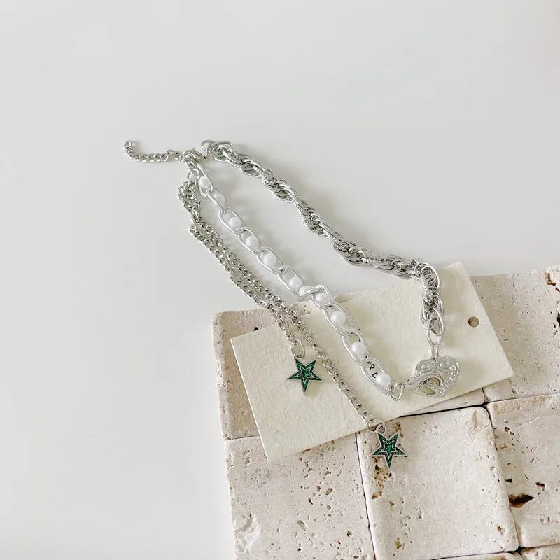 

Rock Punk Summer Statement Love Heart Green Star Chokers Necklace for Women Chunky Chain Pearl Asymmetry Necklace Jewelry