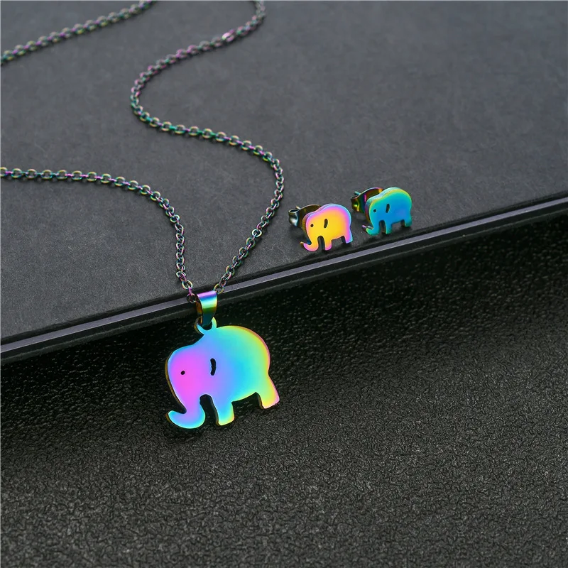 Радуга цвет маленький слон кулон ожерелья серьги из нержавеющей стали