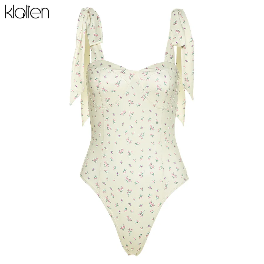 KLALIEN fashion sexy backless sleeveless bow shoulder female bodysuit high street casual print party club vacation lady |