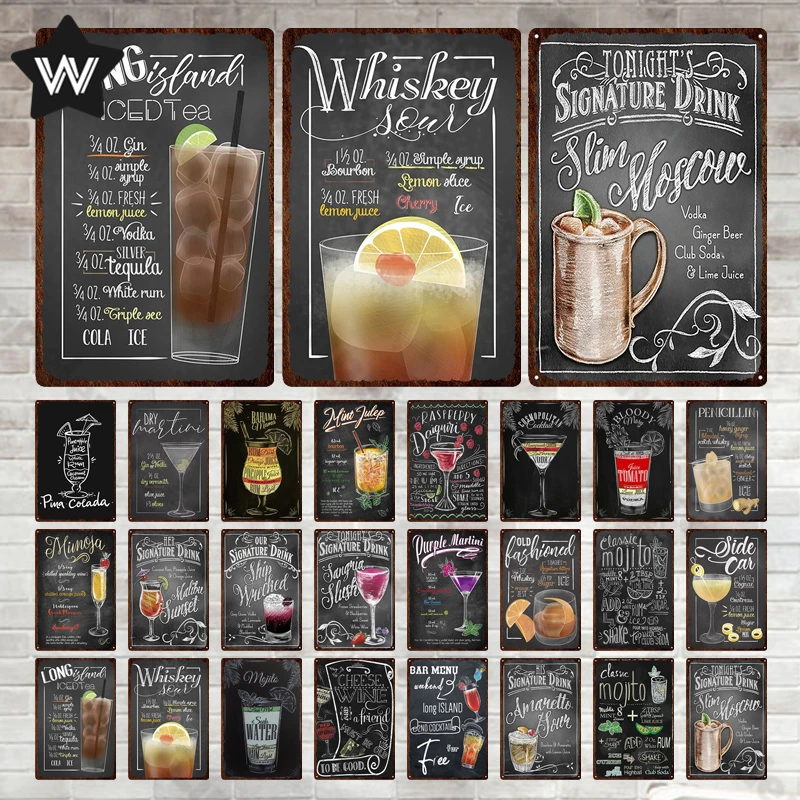Whiskey Sour Metal Sign Tin Plate Vintage Black Wall Sticker Retro Long Island Ice Tea Plaque Shabby for Club Bar Decor |