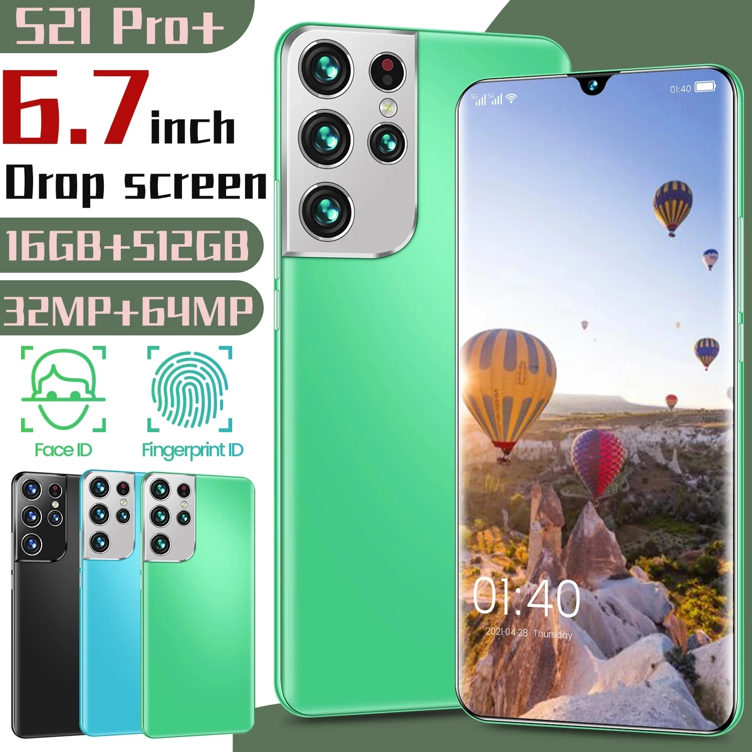 

S21+ Pro 6.7 Inch Andriod Smart Phone 32+64MP 6000mAh 16+512GB Face Fingerprint ID MTK6889 Dual SIM+Micro SD Cellphones Celular