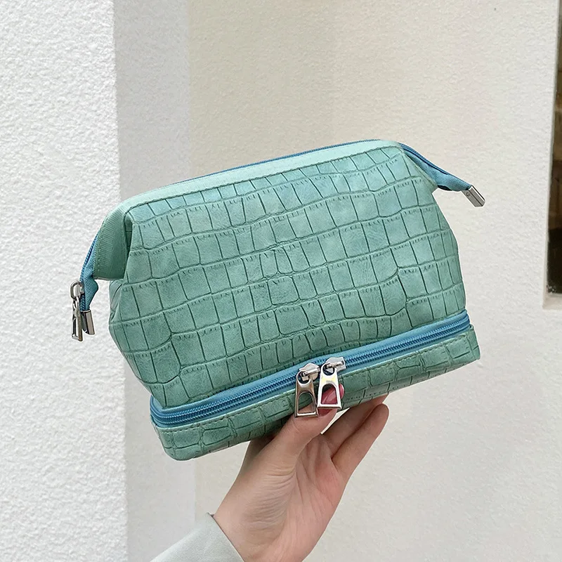 

New Organizer Makeup Bag Ladies Large Nail Polish Case Green Cosmetic Bag Double Layer Stone Pattern Toiletry Bag Zipper Clutch