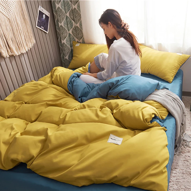 Solid Color Bedding Set Cotton Sanding Double Spell 4pcs Bed Sets Bedclothes Duvet Cover Sheets Pillowcase Comfortable Coverings | Дом и сад