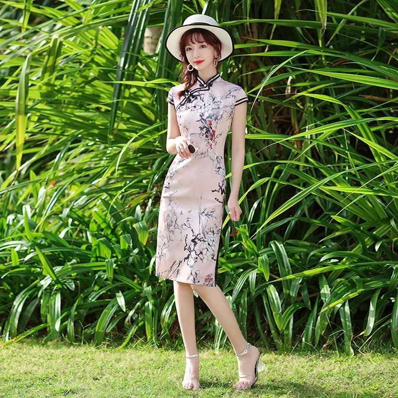 

Summer Oriental Elegant Classic Women Slim Satin Cheongsam Rayon Printed Knee-Length Qipao Traditional Chinese Wedding Dresses