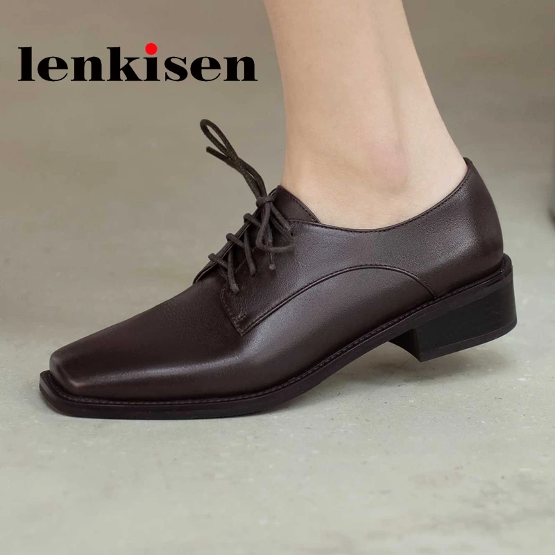 

Женские туфли на среднем каблуке Lenkisen, туфли-лодочки из натуральной кожи с квадратным носком и нейтральной перекрестной шнуровкой в британ...