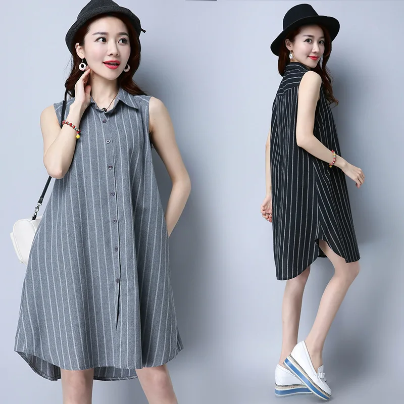 Платье в полоску Vestido летнее Хлопковое платье рубашка женское повседневное