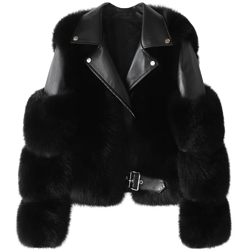 

2021 Winter Imitate Fox Fur Coats Women Genuine Sheepskin Leather Luxury Warm Thick Outwear Motorcycle Streetwear Outerwear Fox