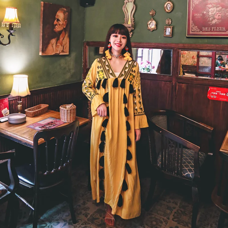 

Dresses Korean fashion Holiday Retro Yellow Skirt Ethnic Style Dress Embroidery Tassel V-neck Loose Long Dress Kawaii
