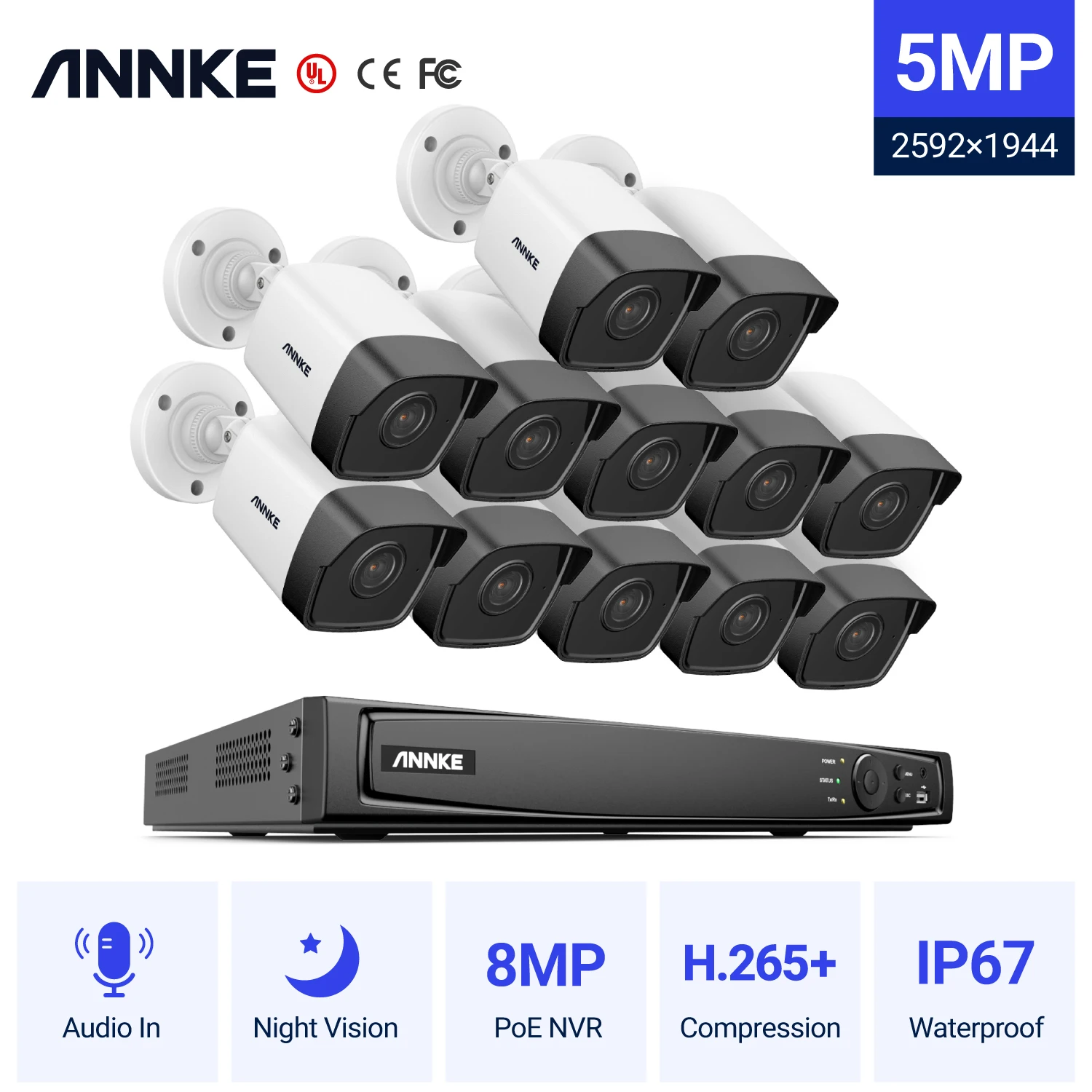 Сетевая система видеонаблюдения ANNKE 16 каналов FHD 5 МП POE 8 Мп H.265 + NVR IP камеры 12x5