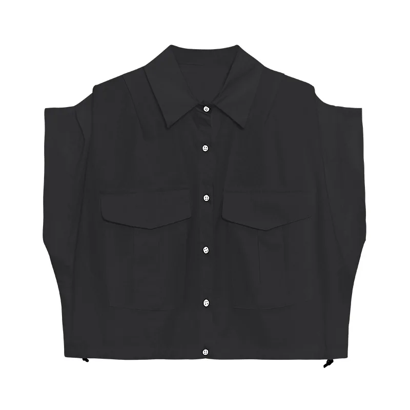 

2021 Summer Ladies New Japanese Style Short Shirt Women's Loose Slimming Blusas Fashion Solid Color Large Pocket Drawstring Tops