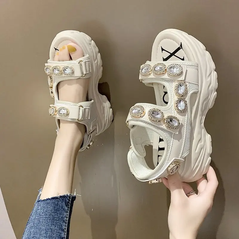 

Rhinestone High Platform Shoes Women's Chunky Sandals Fashion Summer Leather Women's Thick Soled Beach Sandal Casual Women Shoes