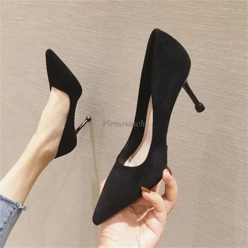 

Women's shoes with heel 2021 spring and autumn new suede shallow mouth cat heel stiletto single shoes professional work shoes