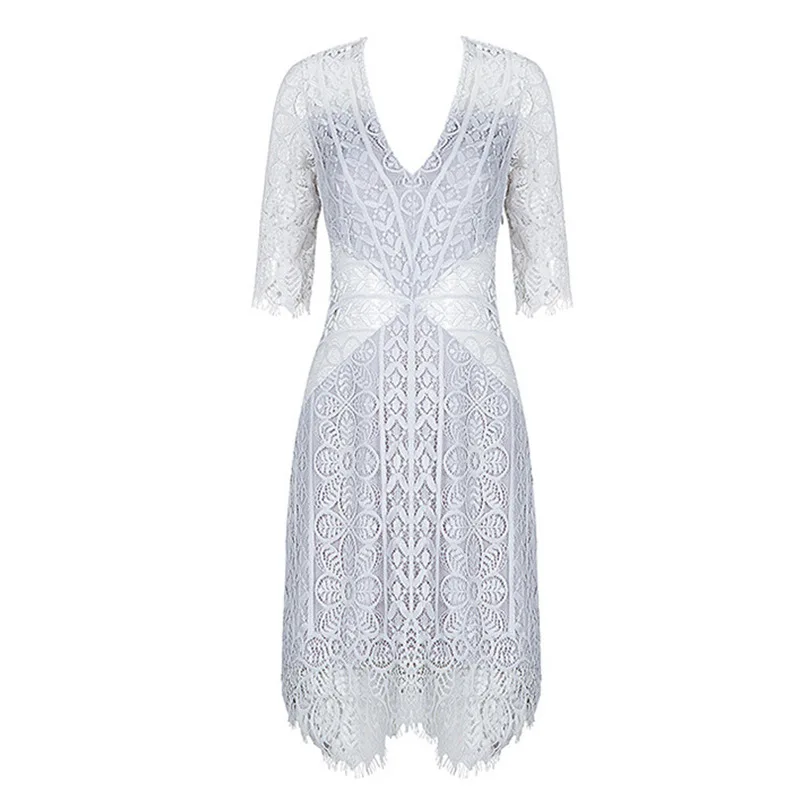 

women's V-neck stitching lace mid skirt short fashion dress