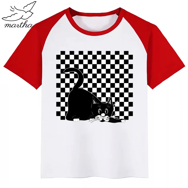 Kids Black Cat Print Funny T-shirt Summer Short Sleeve Tops Children Cartoon Tshirt Baby Clothes | Мать и ребенок