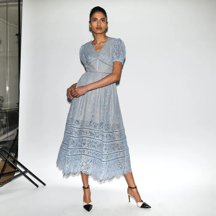 

ZAWFL 2021 Runway Summer Dress Women's Sexy Embroidery Puff Sleeve Ruffles Shirt Dress Self Portrait Vestidos Lace Party Dress