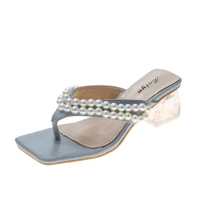 

High-Heeled Shoes Lady Rubber Flip Flops Ladies' Slippers Luxury Slides Square heel String Bead Slipers Women Hawaiian Designer
