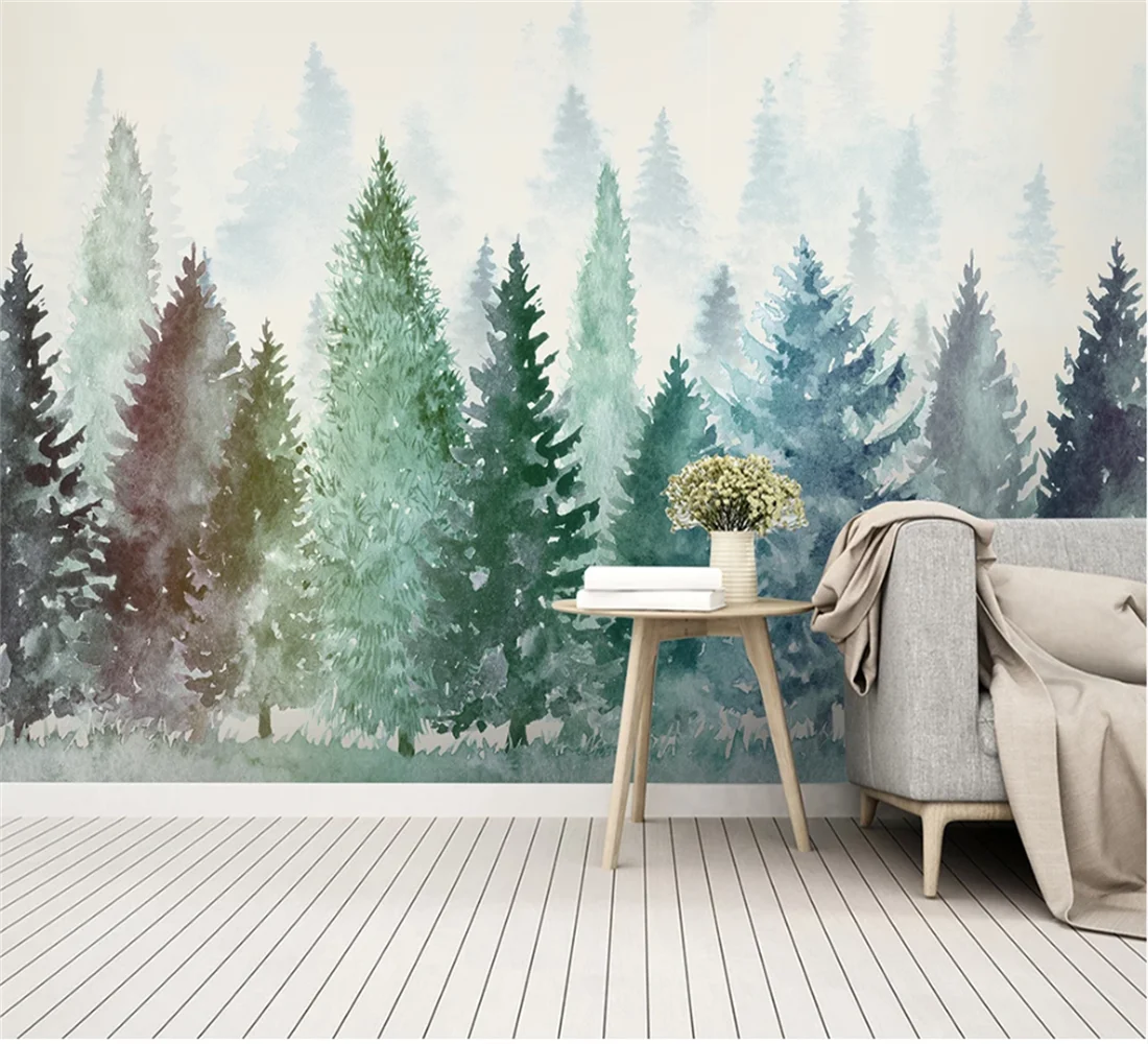 

Custom tree mural small fresh watercolor hand-painted woods mist forest bedroom interior background wall 3d wallpaper