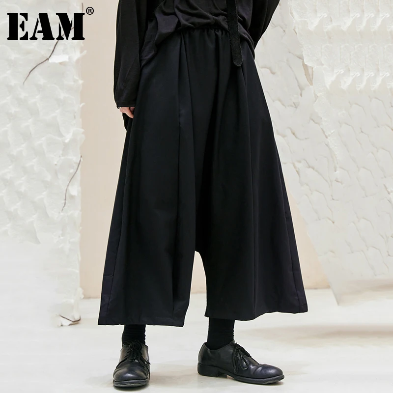 

[EAM] High Elastic Waist Black Log Wide Leg Casual Trousers New Loose Fit Pants Women Fashion Tide Spring Autumn 2021 1DE2834