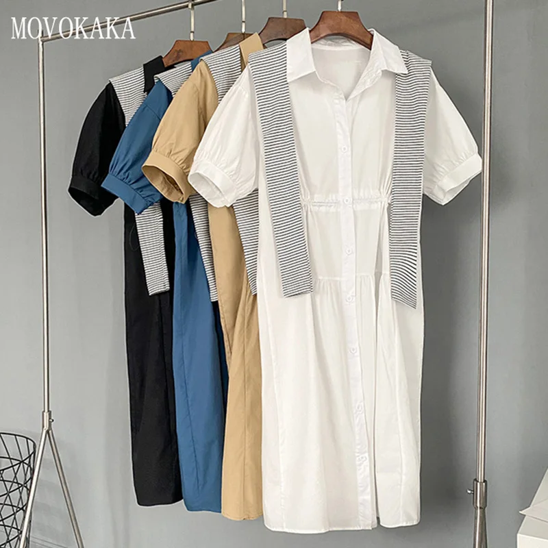 

MOVOKAKA New 100% Cotton Dress 2021 Summer Elegant Casual Plus Size Midi Dresses Woman Button Short Sleeve Slim Dress With Shawl