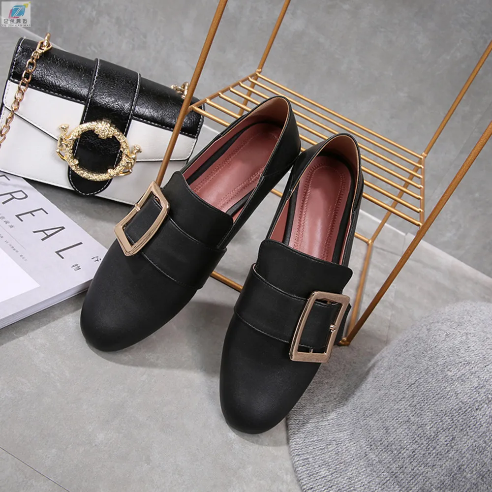 

Black Flats Shoes Woman Basic 2021New Genuine Leather Square Buckle Pearl Buckle Two Ways To Wear Work Shoes Light Fashion Flats