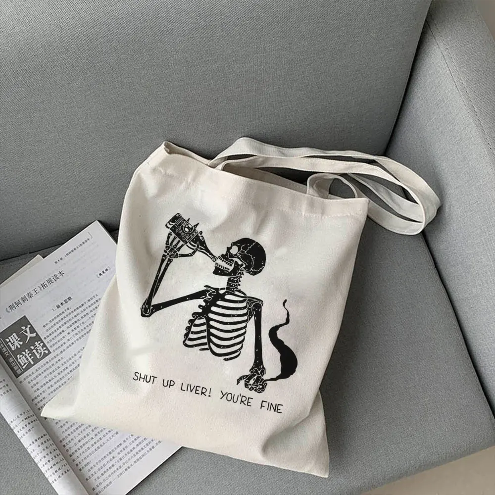 

Japanese Skeleton Loves Beer Women Bags Harajuku Gothic Cartoon Large Capacity Shopper Tote Casual Vogue New Shoulder Canvas Bag