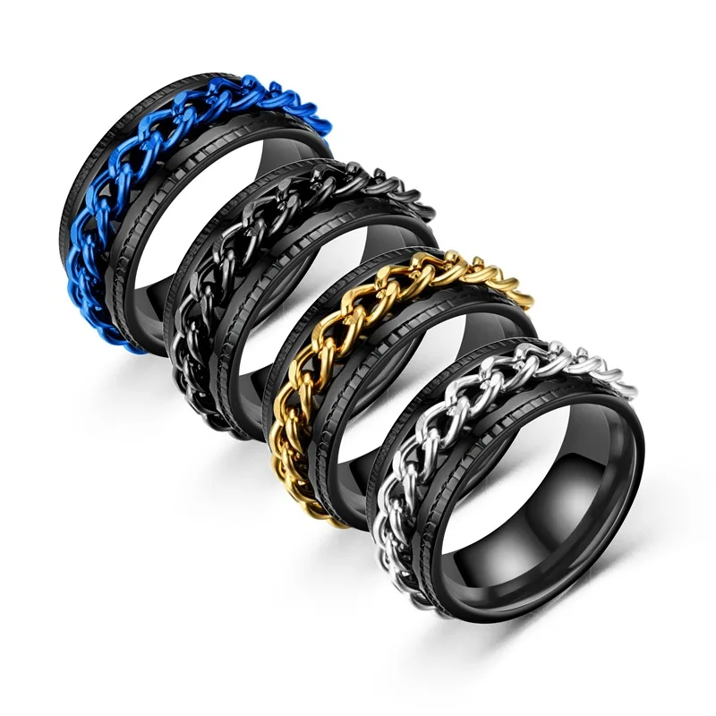 

AsJerlya Cool Stainless Steel Rotatable Men Ring High Quality Spinner Chain Punk Women Jewelry for Party Gift 8mm