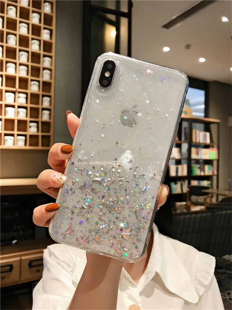 NJIEER Блестящий блестящий чехол для iphone X 11 Pro XS MAX XR Блестящий Прозрачный чехол для iphone 8 7 6 6S Plus Мягкий чехол из ТПУ